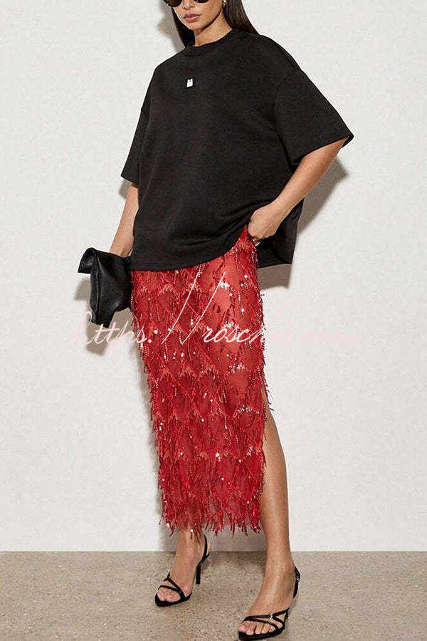 Fashionable Mesh See-through Sequined Tassel Midi Skirt