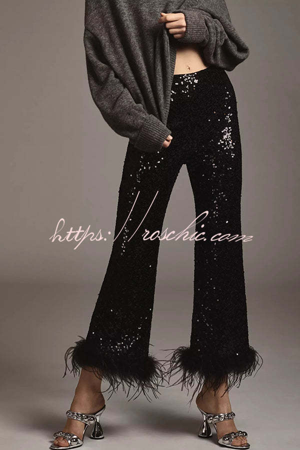 New Year Eve Sequin Feather Trim High Rise Back Zipper Flare Pants