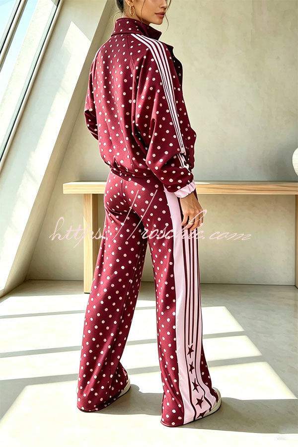 Lucienne Polka Dot Striped Star Print Zipper High Neck Pocket Sporty Jacket