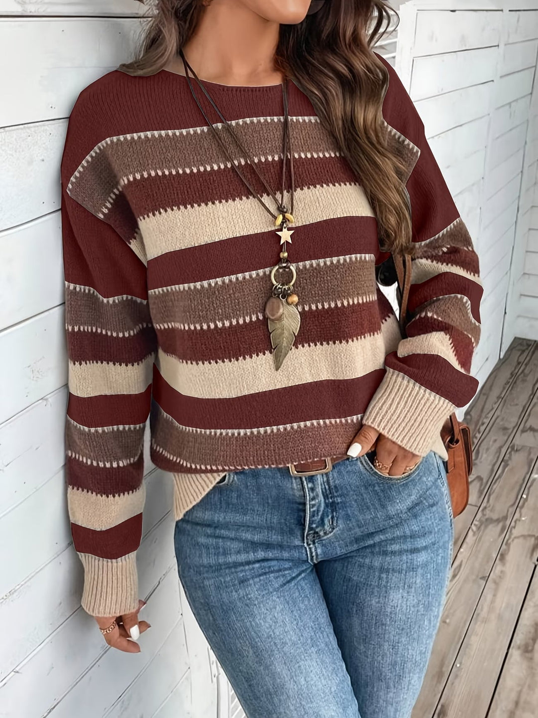 Women's Striped Knit Sweater with Round Neck