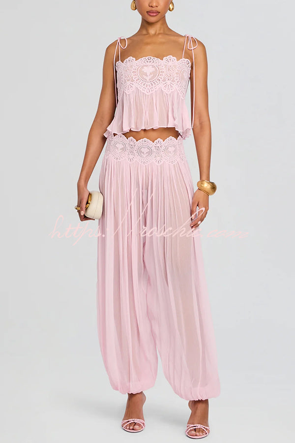 Dreamy Crinkle Chiffon Lace Trim Tank and High Rise Loose Lantern Pants Set