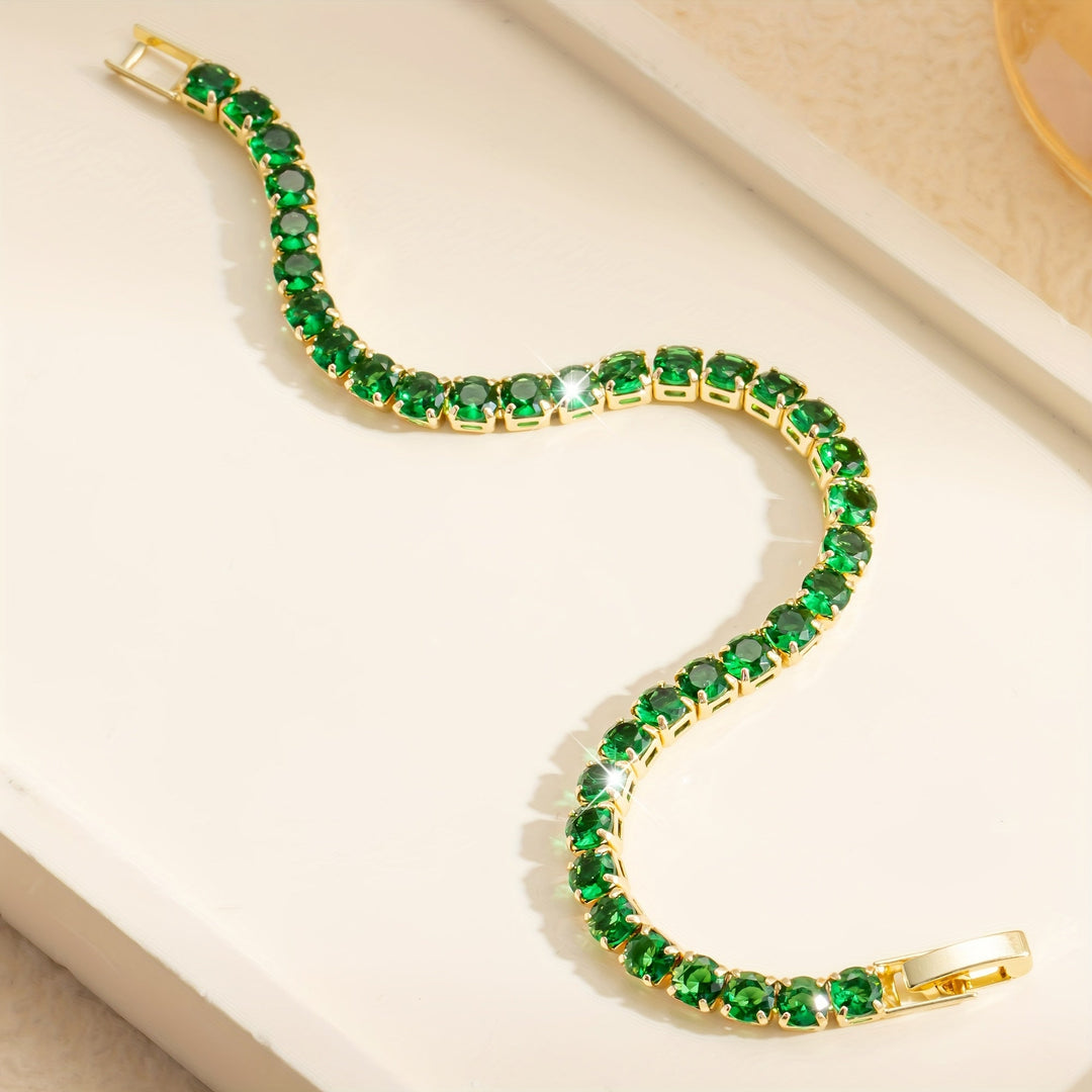 Bohemian Emerald Green Zirconia Gold Plated Tennis Bracelet - Elena Harper
