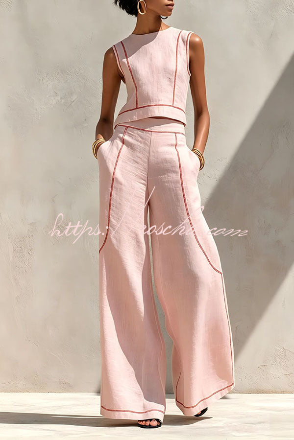 Elysia Contrast-Stitch Linen Two-Piece Set
