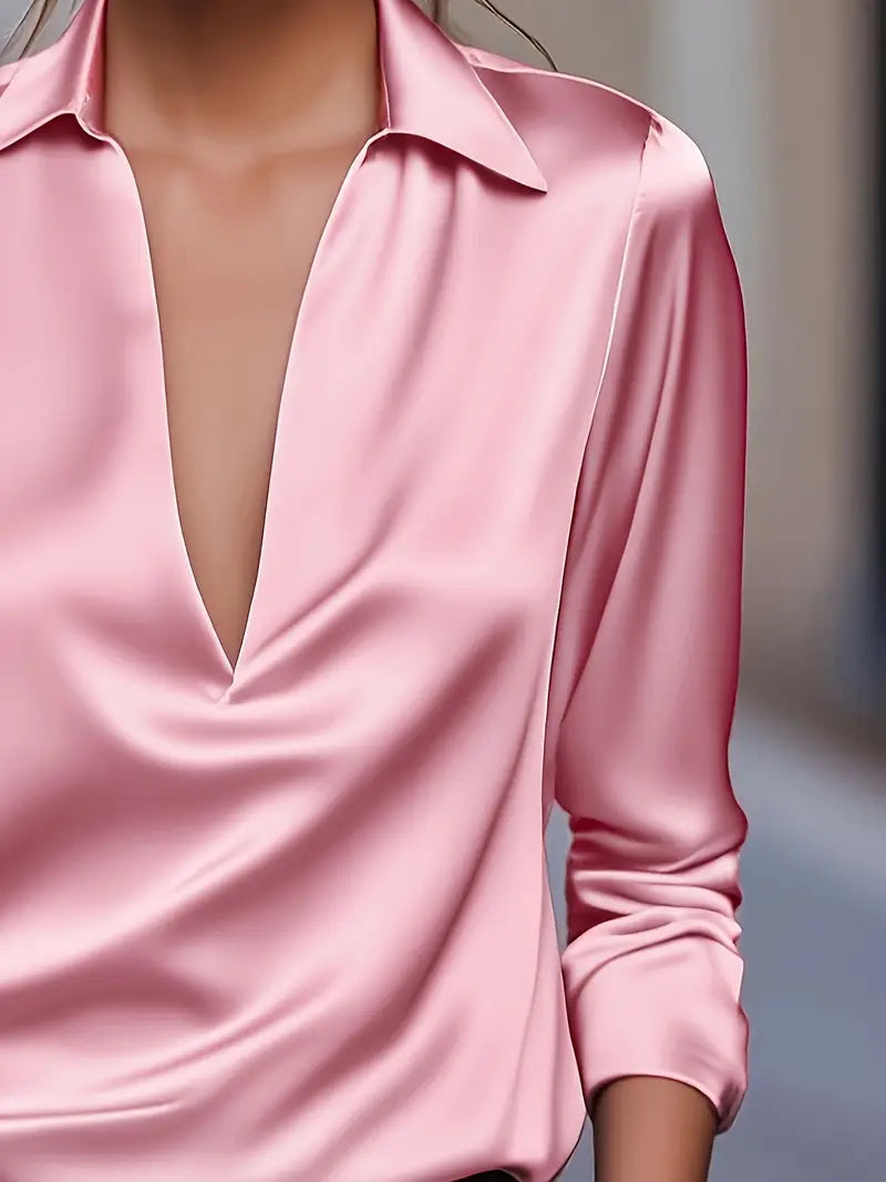 Women's Elegant Collared V-Neck Blouse - Long Sleeve