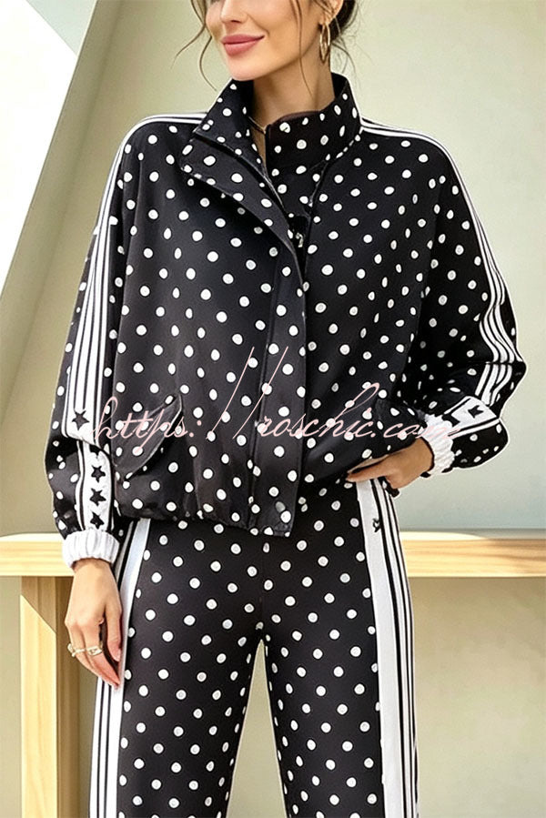 Lucienne Polka Dot Striped Star Print Zipper High Neck Pocket Sporty Jacket