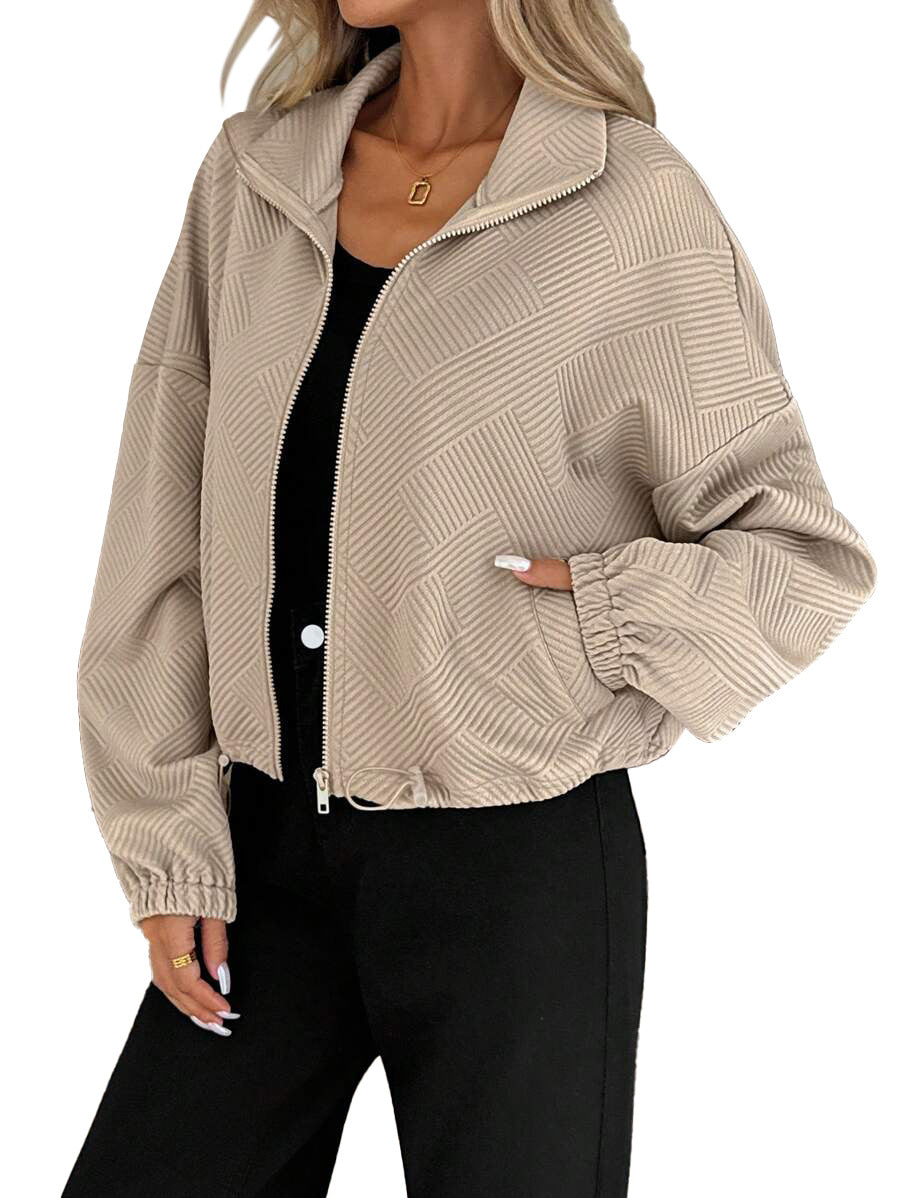 Women's High Collar Zip Jacket – Loose Fit, Drawstring Hem, Casual Autumn-Winter Style