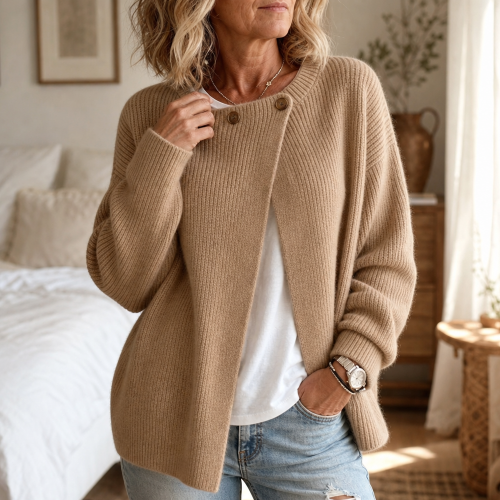 Drape & Rib Asymmetrical Neck Ribbed Button Cardigan - Elena Harper