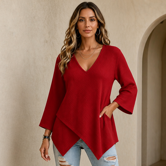 Drapella Asymmetric Crossover Hem Waffle Knit Top - Elena Harper