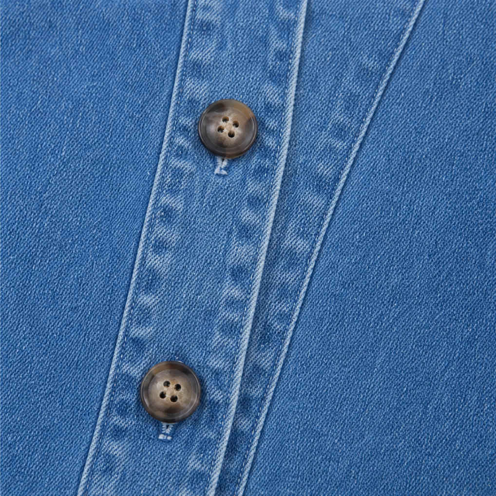 Drapella Collarless Soft-Denim-Look Button-Down Cardigan - Elena Harper