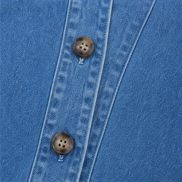Drapella Collarless Soft-Denim-Look Button-Down Cardigan - Elena Harper