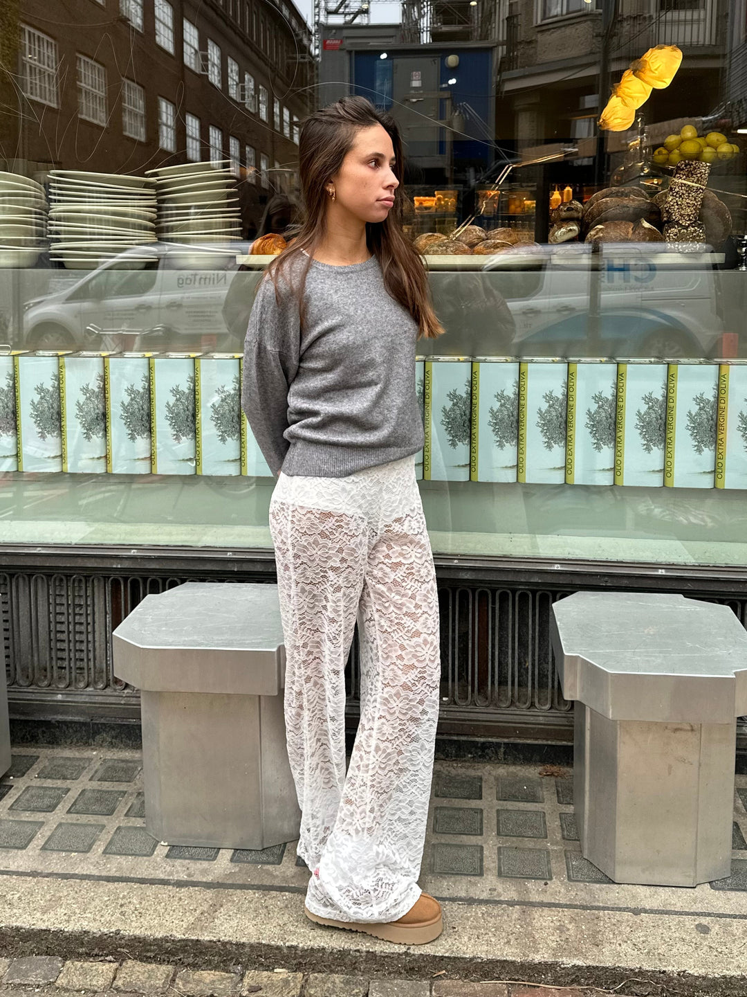 Flared Pants for Women with Lace Floral Pattern and Elastic Waist