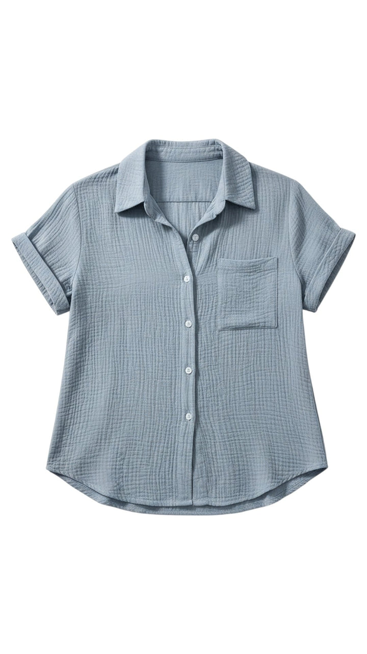 Women's Summer Button-Up Blouse with Short Sleeves – Lightweight Casual Top