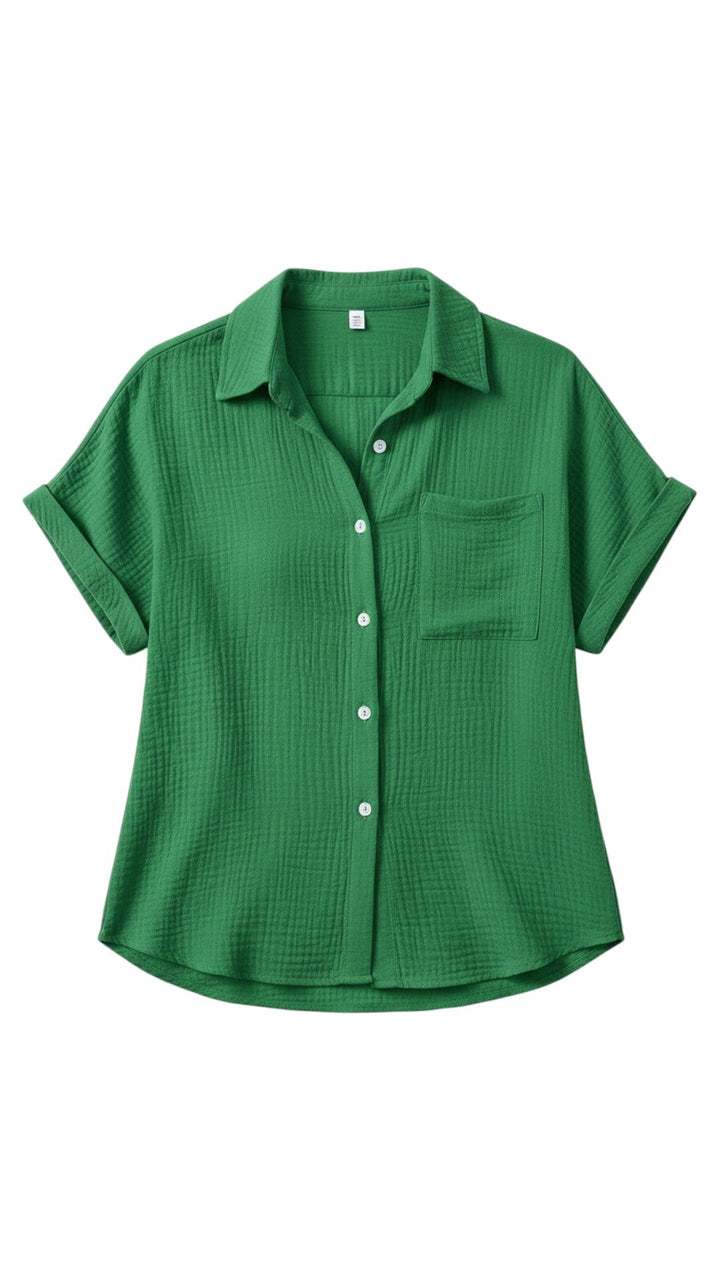Women's Summer Button-Up Blouse with Short Sleeves – Lightweight Casual Top