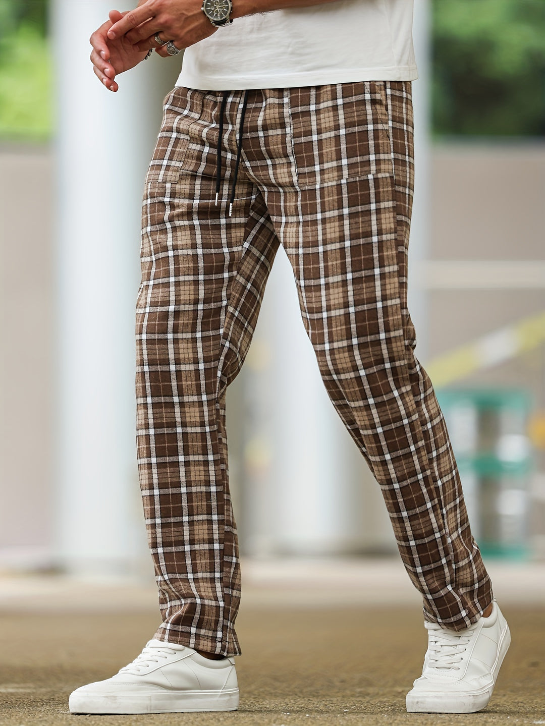 Men's Checked Trousers | Brown & Trendy | Drawstring & Comfortable Fit | Spring & Autumn