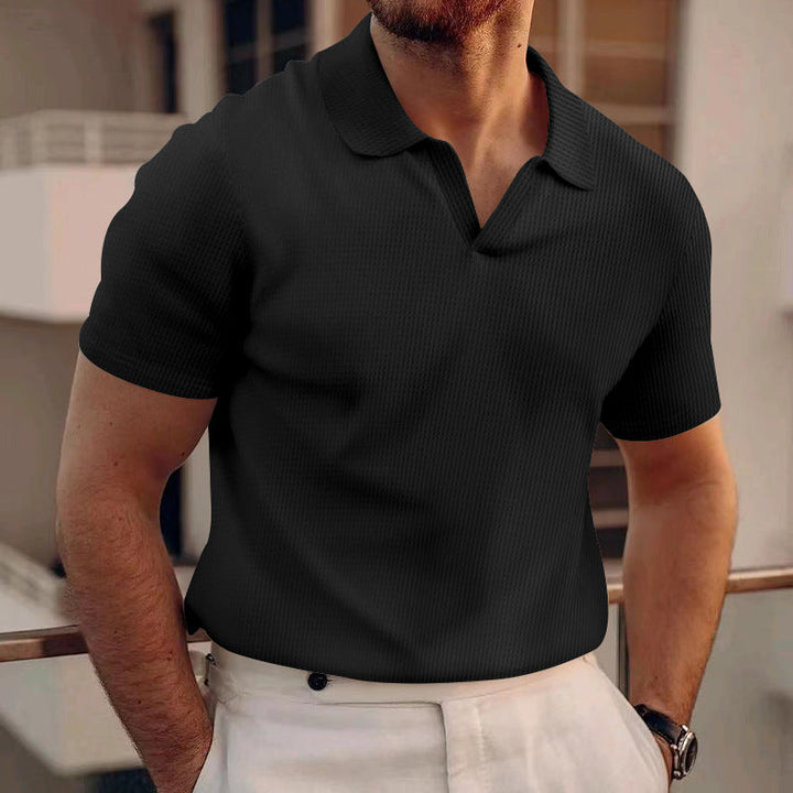 Men's Polo Solid Color & Grid Texture Comfortable Collar Breathable & Casual, view 3 - Elena Harper