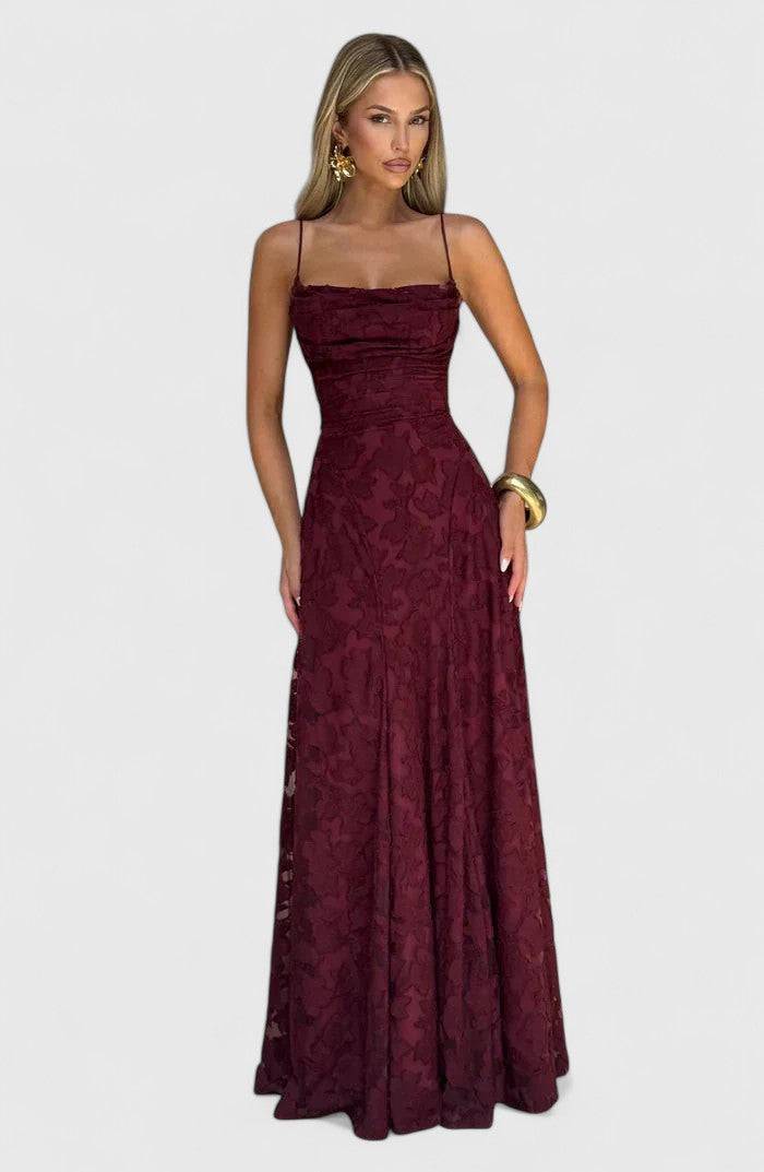 Gwenn™ Emma & Rose Cape Town elegant maxi dress in flowing fabric with a fitted bodice and full-length skirt.