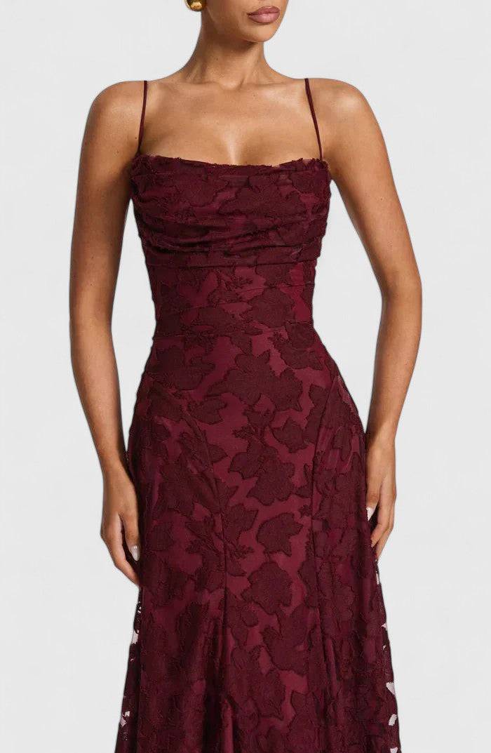 Gwenn™ Emma & Rose Cape Town elegant maxi dress in flowing fabric, featuring a fitted bodice and full-length skirt on a model.