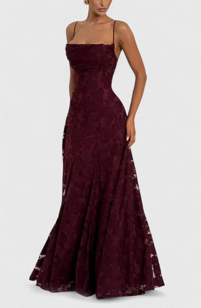 Gwenn™ Emma & Rose Cape Town elegant maxi dress in flowing fabric with a fitted waist and V-neck design.