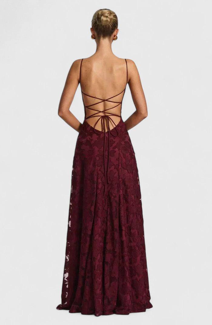 Gwenn™ Emma & Rose Cape Town elegant maxi dress in flowing fabric with a fitted waist and floral pattern, full-length design.