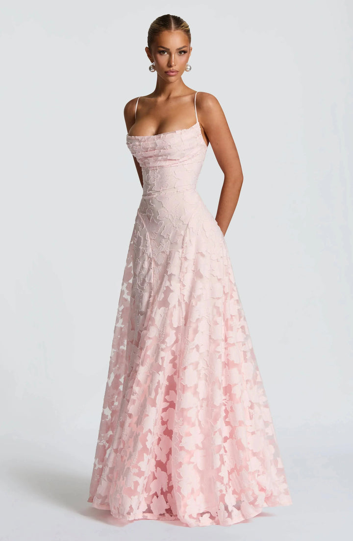 Elegant Maevy™ Maxi Dress in blush from Emma & Rose Cape Town, featuring flowing fabric and chic design.