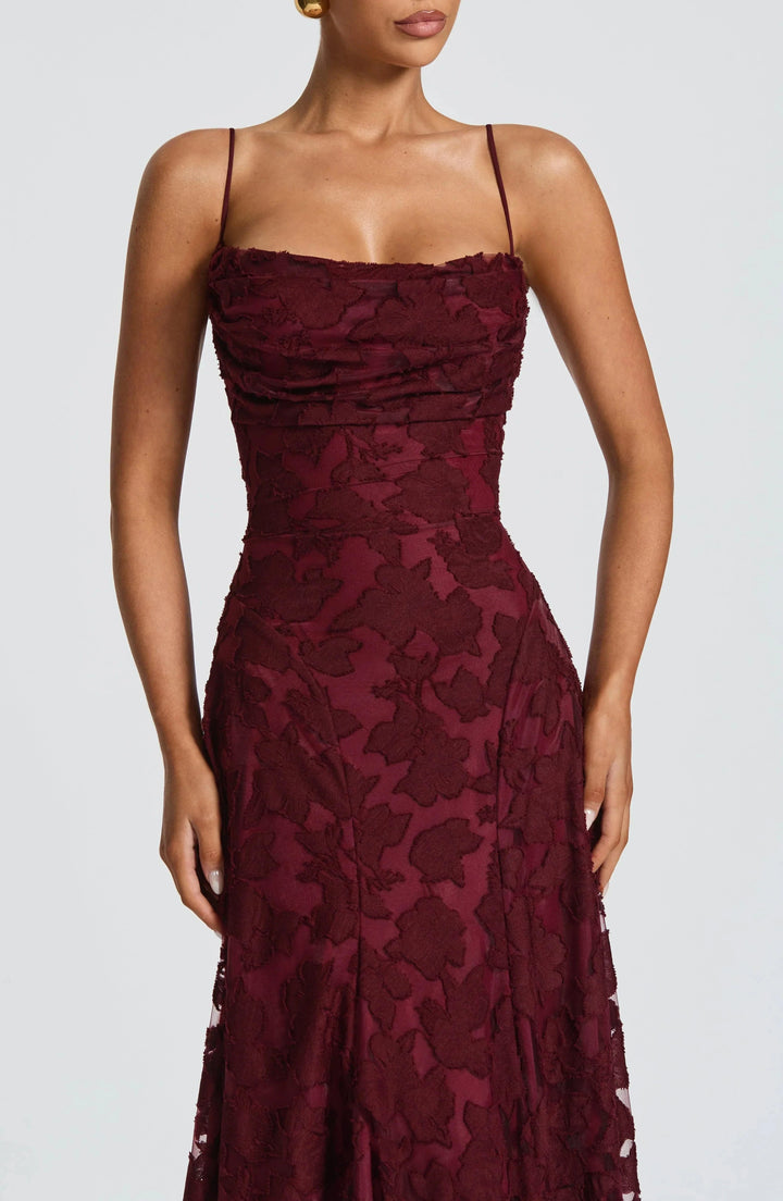 Emma & Rose Cape Town Maevy™ Elegant Cherry Maxi Dress with flowing fabric and stylish design, perfect for sophisticated occasions.
