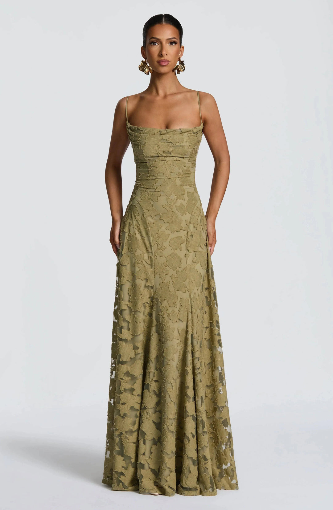 Maevy™ elegant maxi dress by Emma & Rose Cape Town in sage green, flowing fabric, full-length style, perfect for formal occasions.
