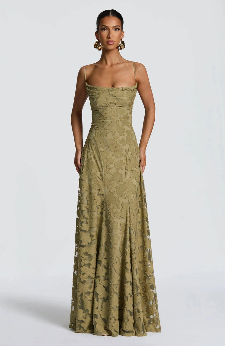 Maevy™ elegant maxi dress by Emma & Rose Cape Town in sage green, flowing fabric, full-length style, perfect for formal occasions.