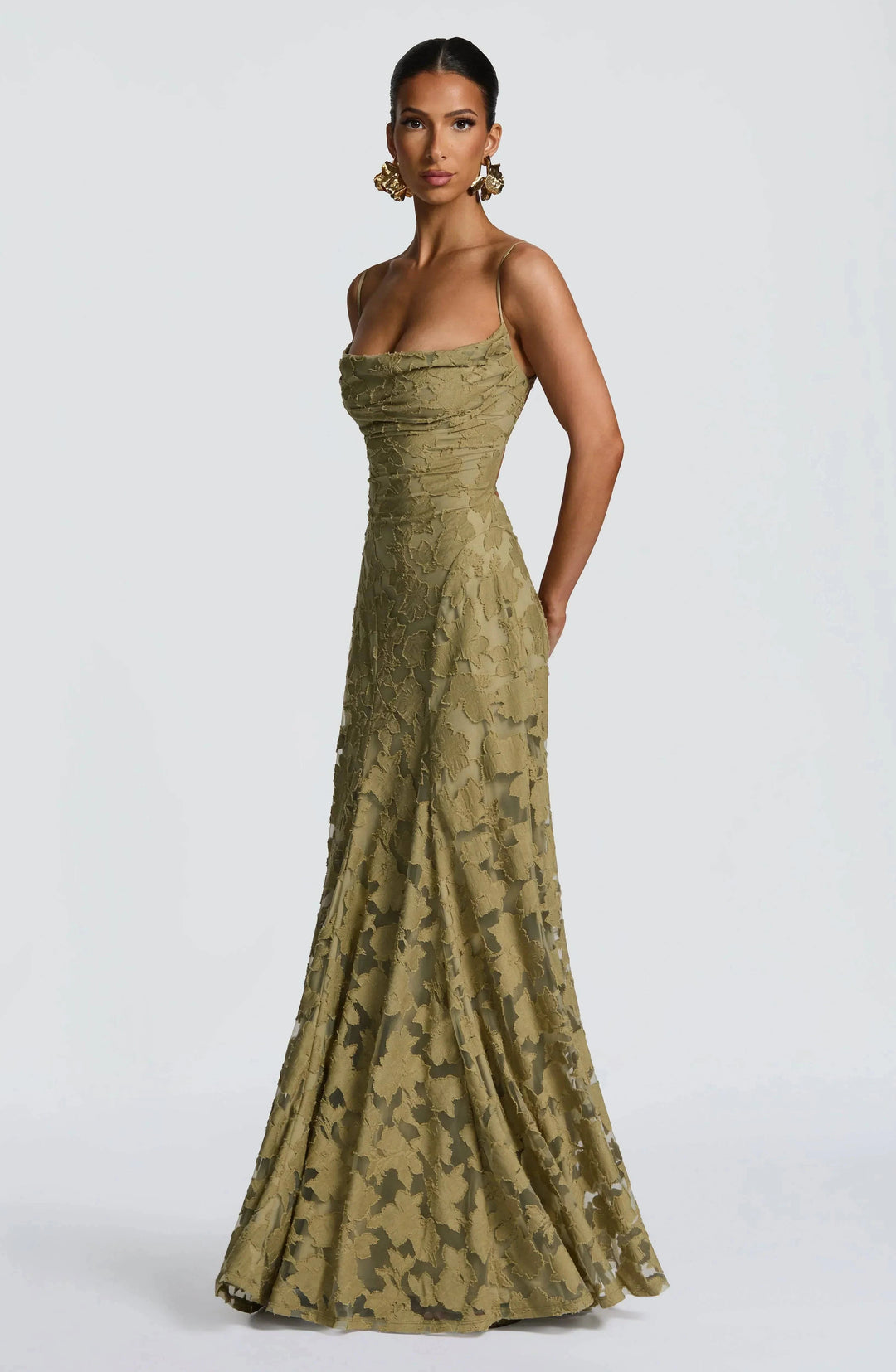 Emma & Rose Cape Town Maevy™ elegant sage maxi dress with flowing fabric and sleeveless design, perfect for formal occasions.