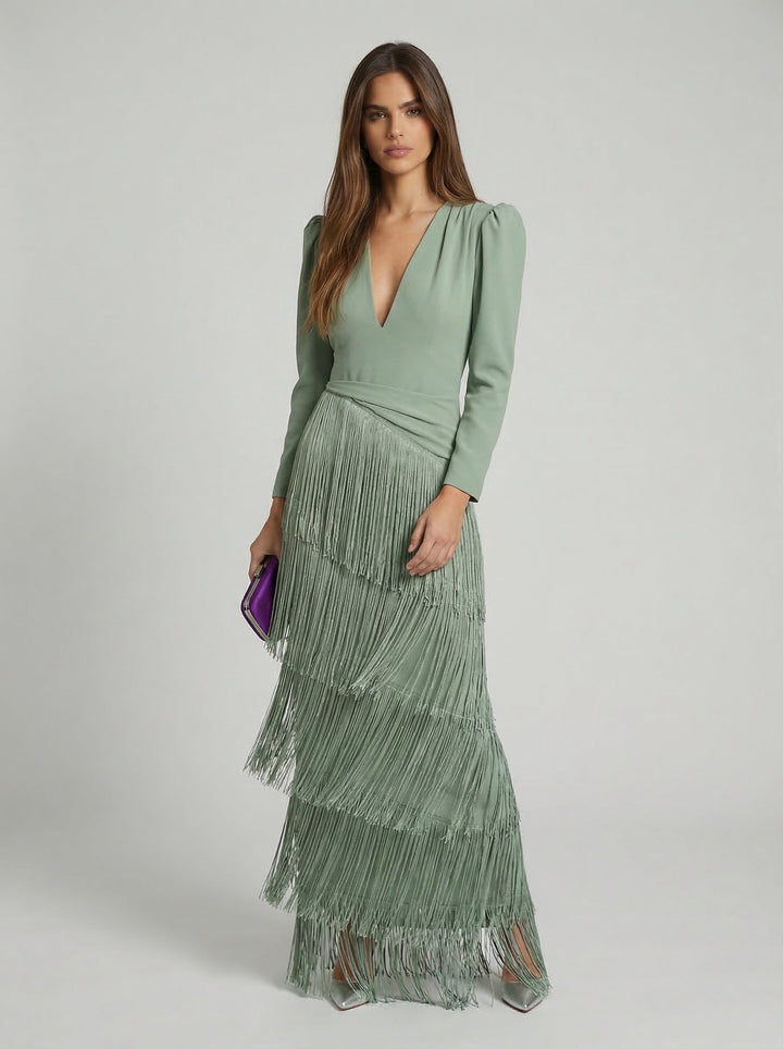 Elegant sage green fringe dress by Emma & Rose Cape Town featuring flowing fabric and stylish fringe detailing.