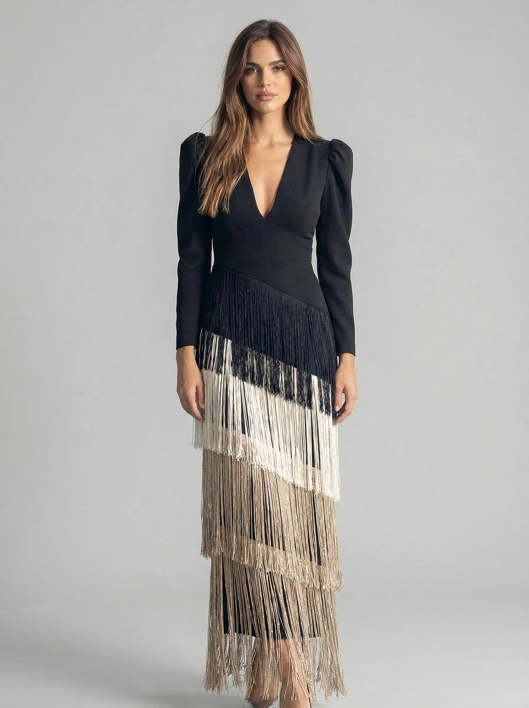 Sage green fringe dress by Emma & Rose Cape Town, featuring flowing fabric and intricate fringe details.