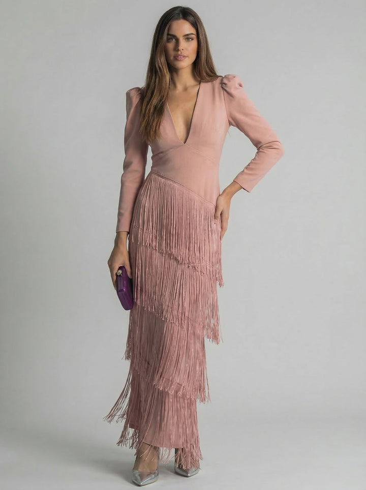 Sage green fringe dress by Emma & Rose Cape Town featuring flowing fabric and elegant fringe detailing on a stylish model