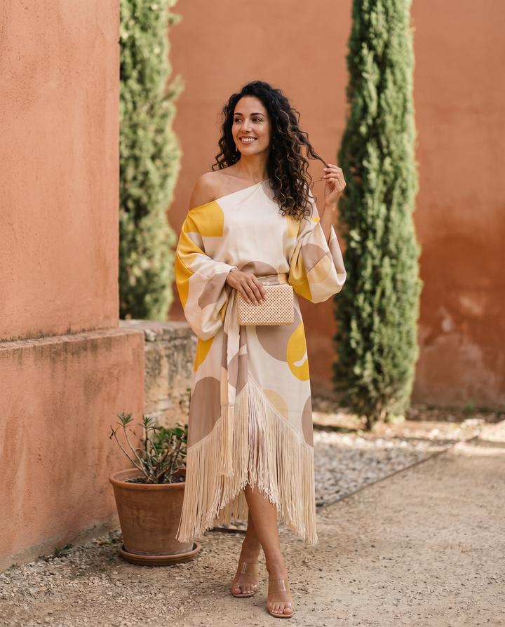 Candid fashion photo of Daniela fringe piece set by Emma & Rose Cape Town featuring stylish fringe clothing and accessories.