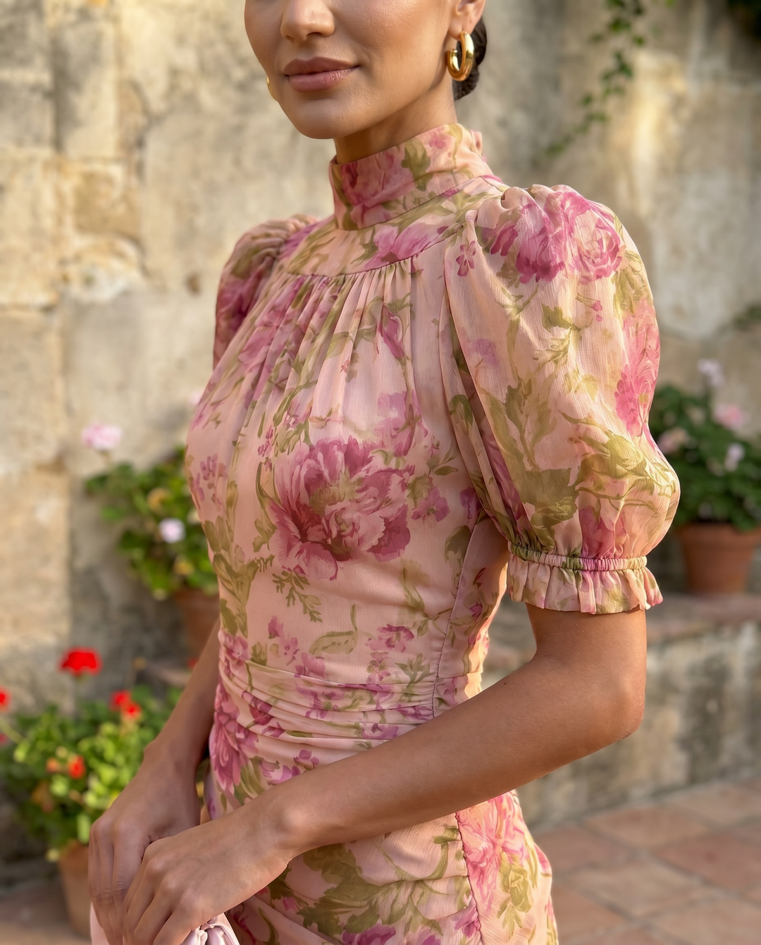 Photorealistic close-up of the Emma & Rose Cape Town Rosario Dress showcasing fabric details and elegant design.