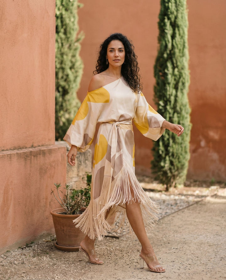 Elegant Daniela fringe piece set by Emma & Rose Cape Town featuring detailed fringes and intricate design on stylish fabric.
