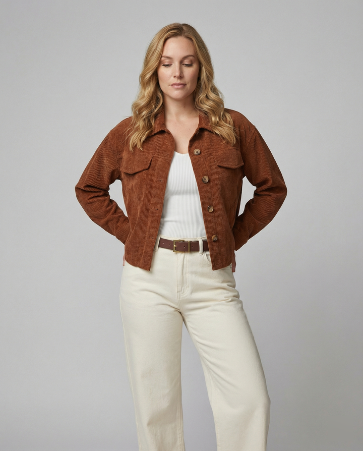 Women's Cotton Cord Jacket with Pockets and Button Closure EB