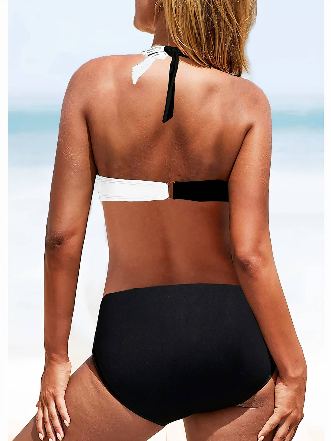 Sea Breeze bikini set by Emma & Rose Manhattan featuring a stylish blue and white patterned two-piece swimwear on a model.