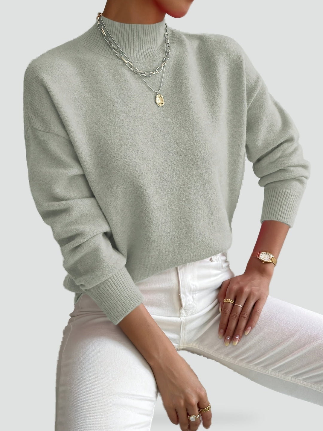 Brushed Knit Sweater with Mock Neck and Ribbed Cuffs for Women