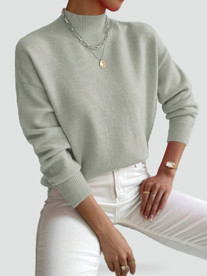 Brushed Knit Sweater with Mock Neck and Ribbed Cuffs for Women