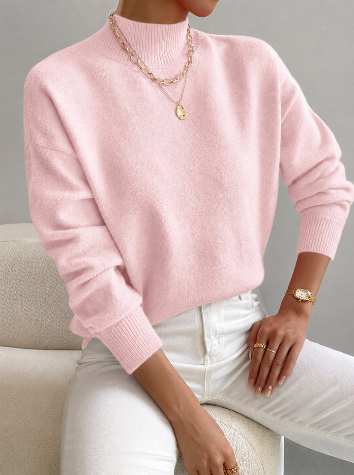 Brushed Knit Sweater with Mock Neck and Ribbed Cuffs for Women