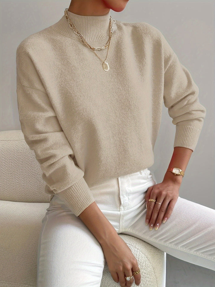 Brushed Knit Sweater with Mock Neck and Ribbed Cuffs for Women
