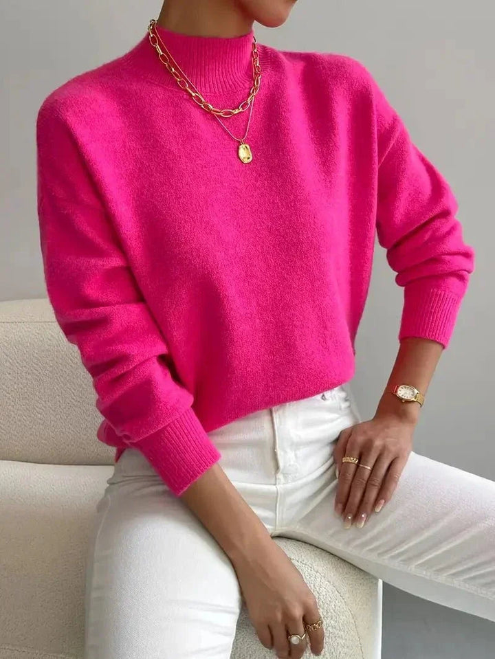 Brushed Knit Sweater with Mock Neck and Ribbed Cuffs for Women