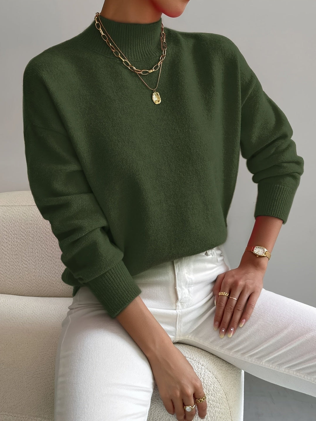 Brushed Knit Sweater with Mock Neck and Ribbed Cuffs for Women