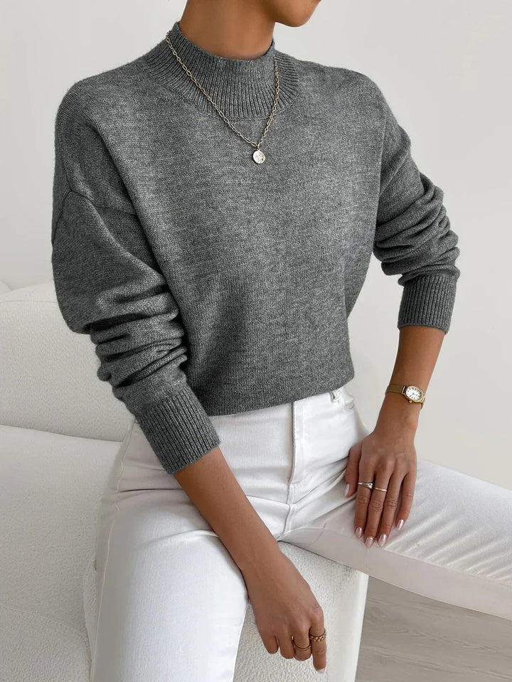 Brushed Knit Sweater with Mock Neck and Ribbed Cuffs for Women