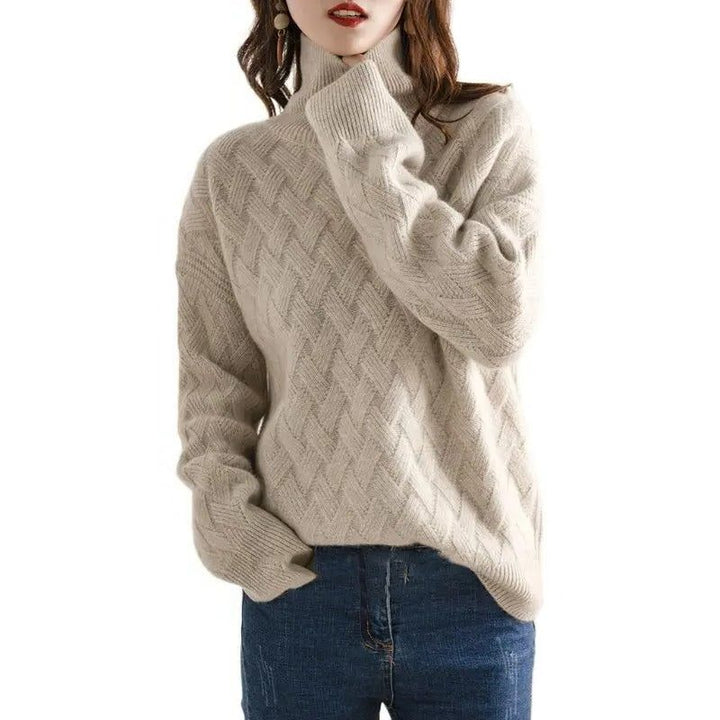 Knitted Turtleneck Sweater with Chevron Pattern for Women