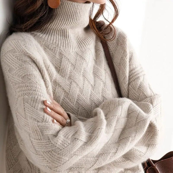 Knitted Turtleneck Sweater with Chevron Pattern for Women