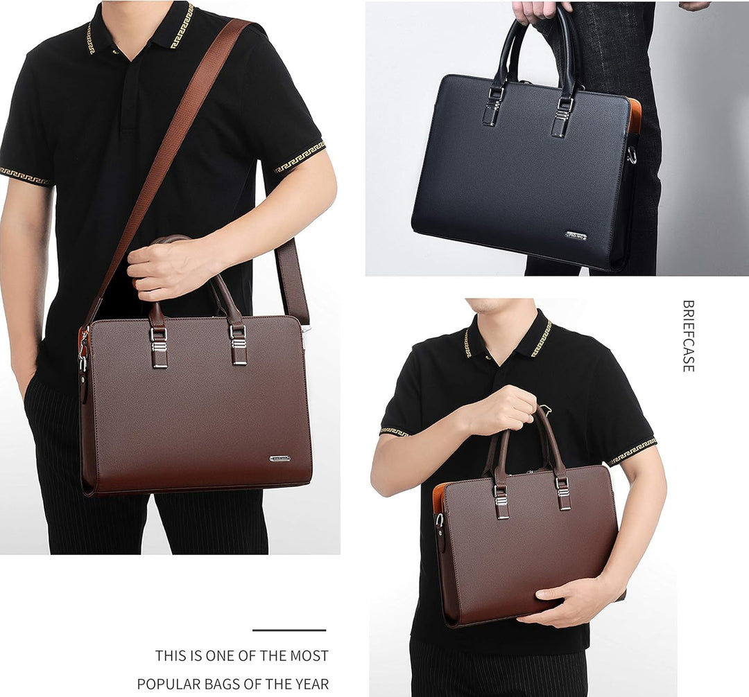 Men's Genuine Leather Business Briefcase with Multiple Compartments