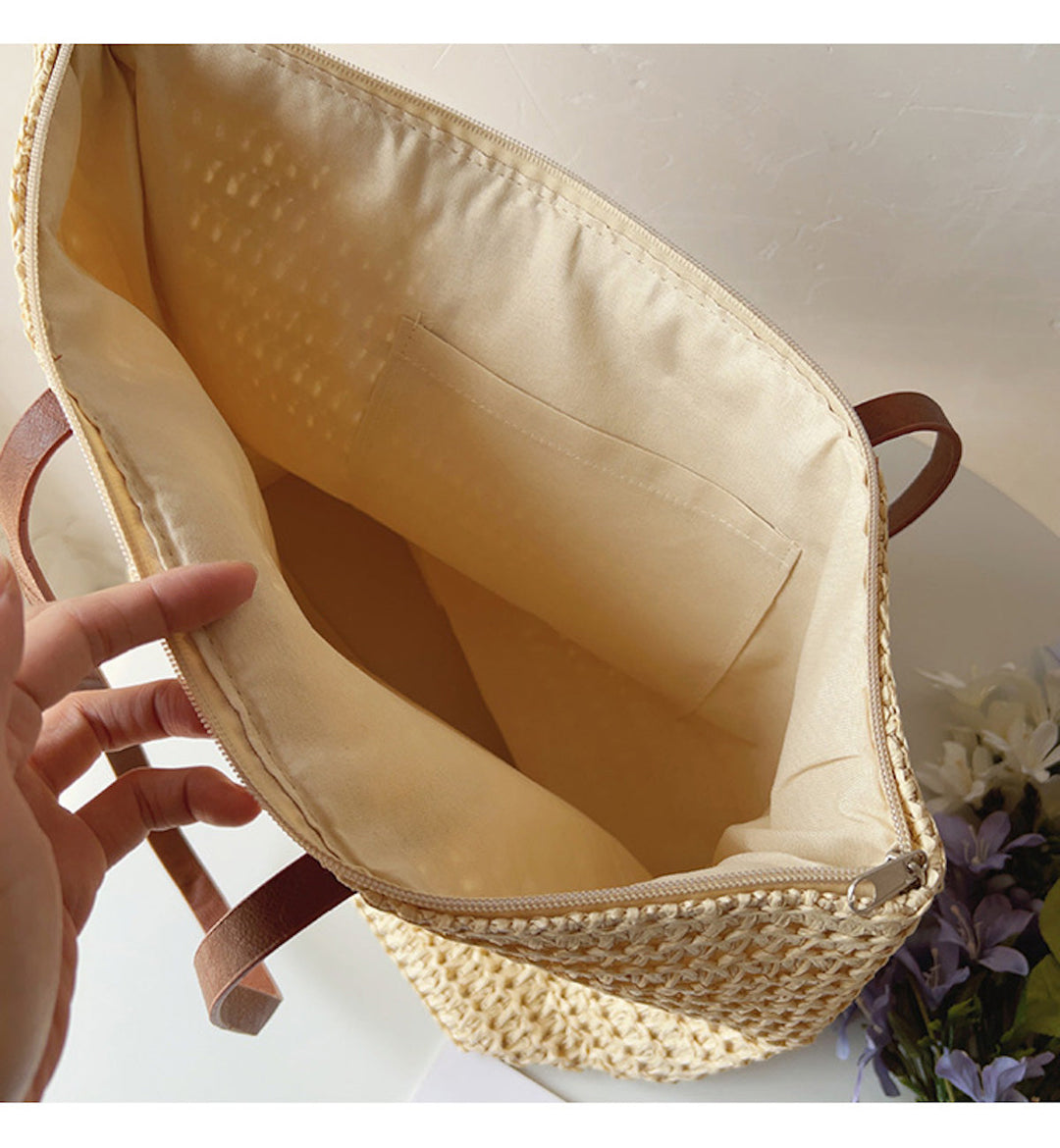 Woven Basket Bag with Leather Handles SummerBreeze Bag, view 10 - Elena Harper