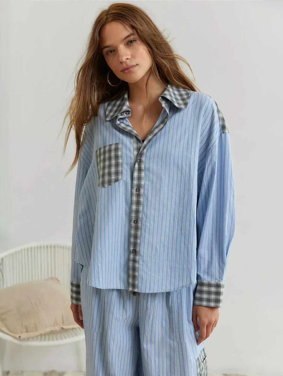 Checked Pajama Set with Long Sleeves for Women