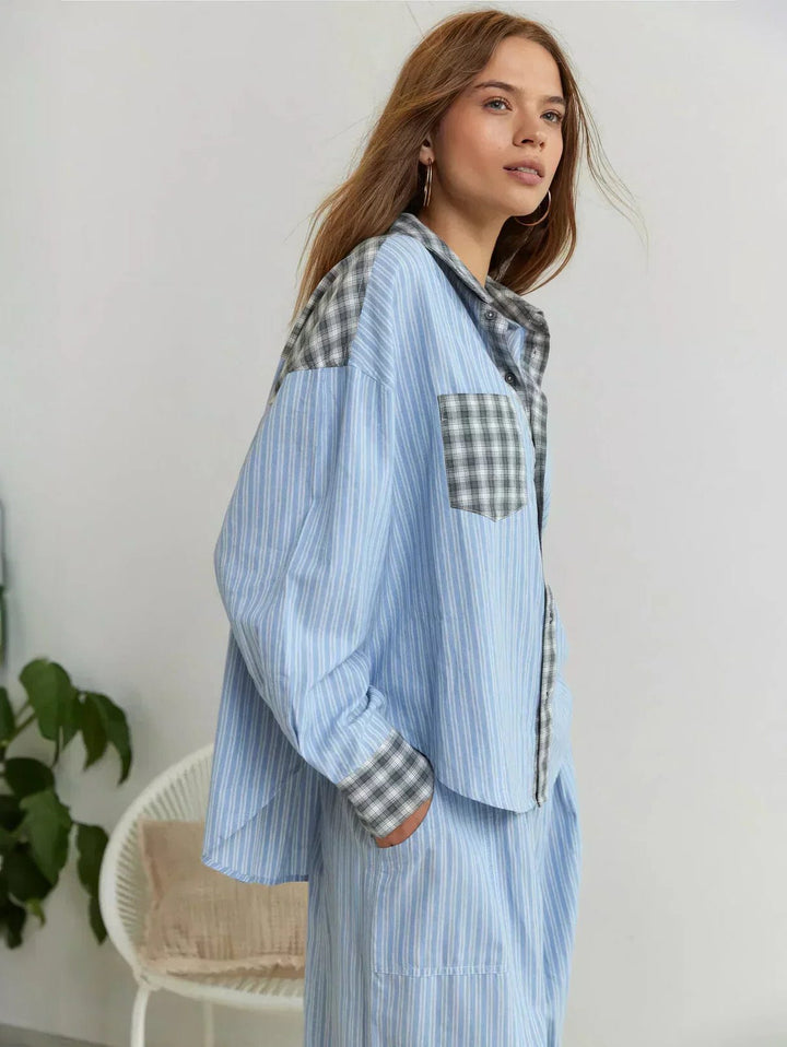 Checked Pajama Set with Long Sleeves for Women