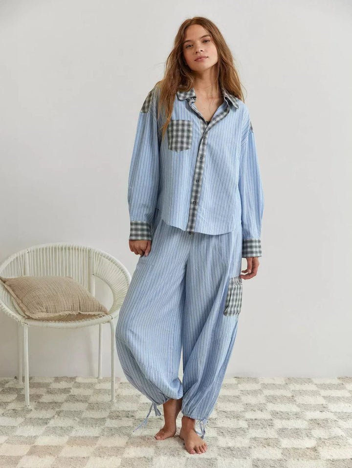 Checked Pajama Set with Long Sleeves for Women